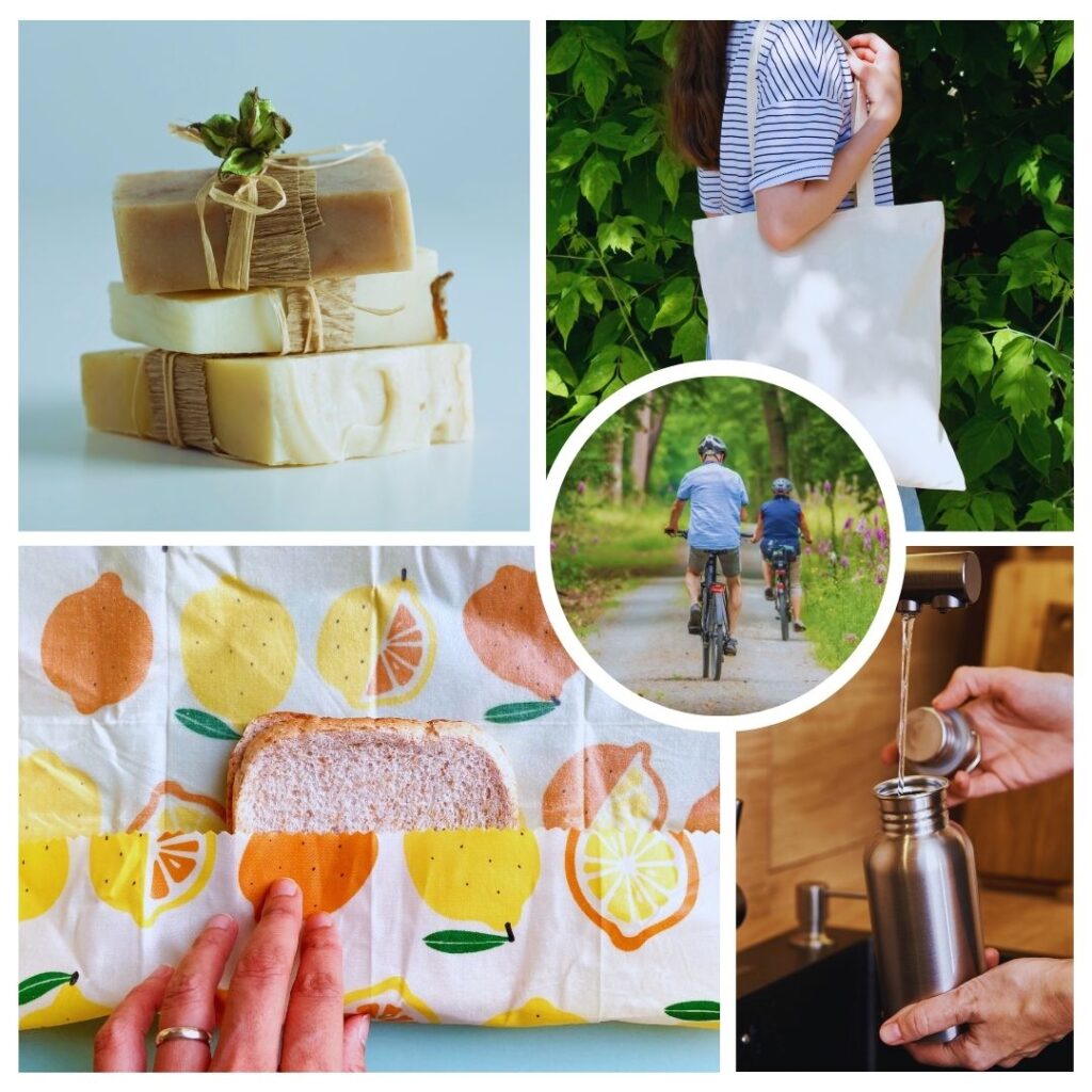 A collage of five images promoting sustainable living. Top left: three bars of handmade soap stacked with a green sprig and raffia ribbon. Top right: a person in a striped shirt carrying a white reusable tote bag in a leafy outdoor setting. Center: two people cycling on a paved path surrounded by greenery and wildflowers. Bottom left: a hand wrapping a sandwich in a reusable beeswax wrap with a lemon and orange slice pattern. Bottom right: a hand filling a stainless steel water bottle from a sink faucet.