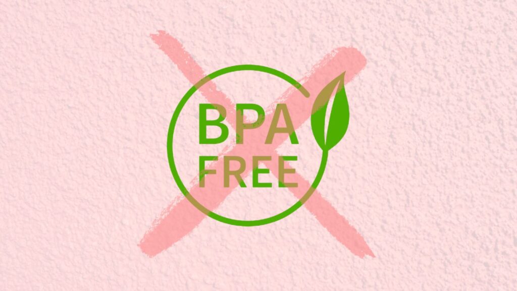 Greenwashing: How to Spot a Truly Sustainable Brand 1 Image with a "bpa free" label featuring a green leaf inside a circle, crossed out with pink brushstrokes on a textured pink background, highlighting how to spot greenwashing by avoiding misleading claims.