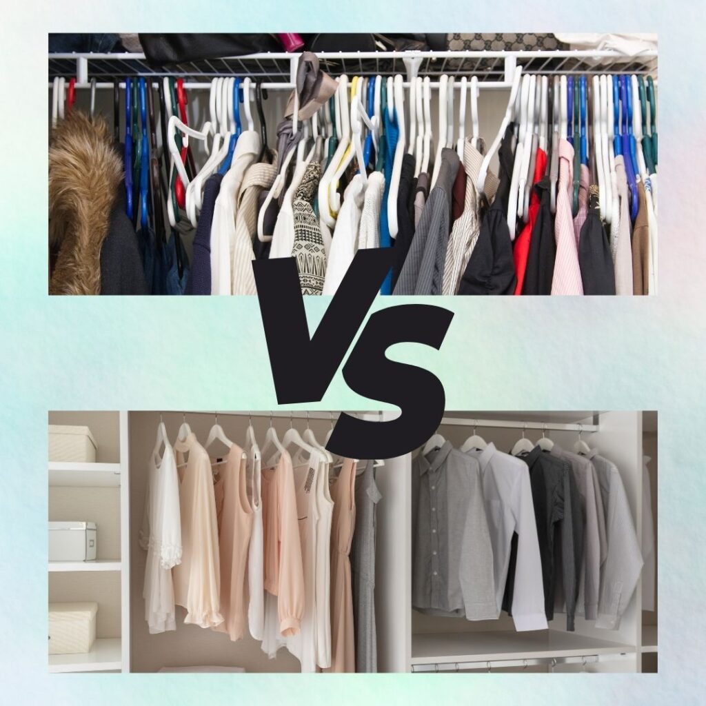 A comparison image of two closets. The top section shows a cluttered closet with clothes on various colored hangers, packed tightly together, including a fur coat and patterned sweaters. The bottom section displays an organized closet with neatly hung clothes on white hangers, sorted by color, with blouses on the left and button-up shirts on the right, and storage boxes on the shelves. The word "vs" in bold black letters separates the two sections.