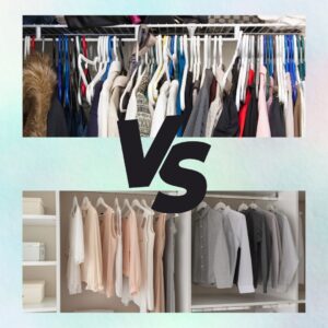 A comparison image of two closets. The top section shows a cluttered closet with clothes on various colored hangers, packed tightly together, including a fur coat and patterned sweaters. The bottom section displays an organized closet with neatly hung clothes on white hangers, sorted by color, with blouses on the left and button-up shirts on the right, and storage boxes on the shelves. The word "VS" in bold black letters separates the two sections.