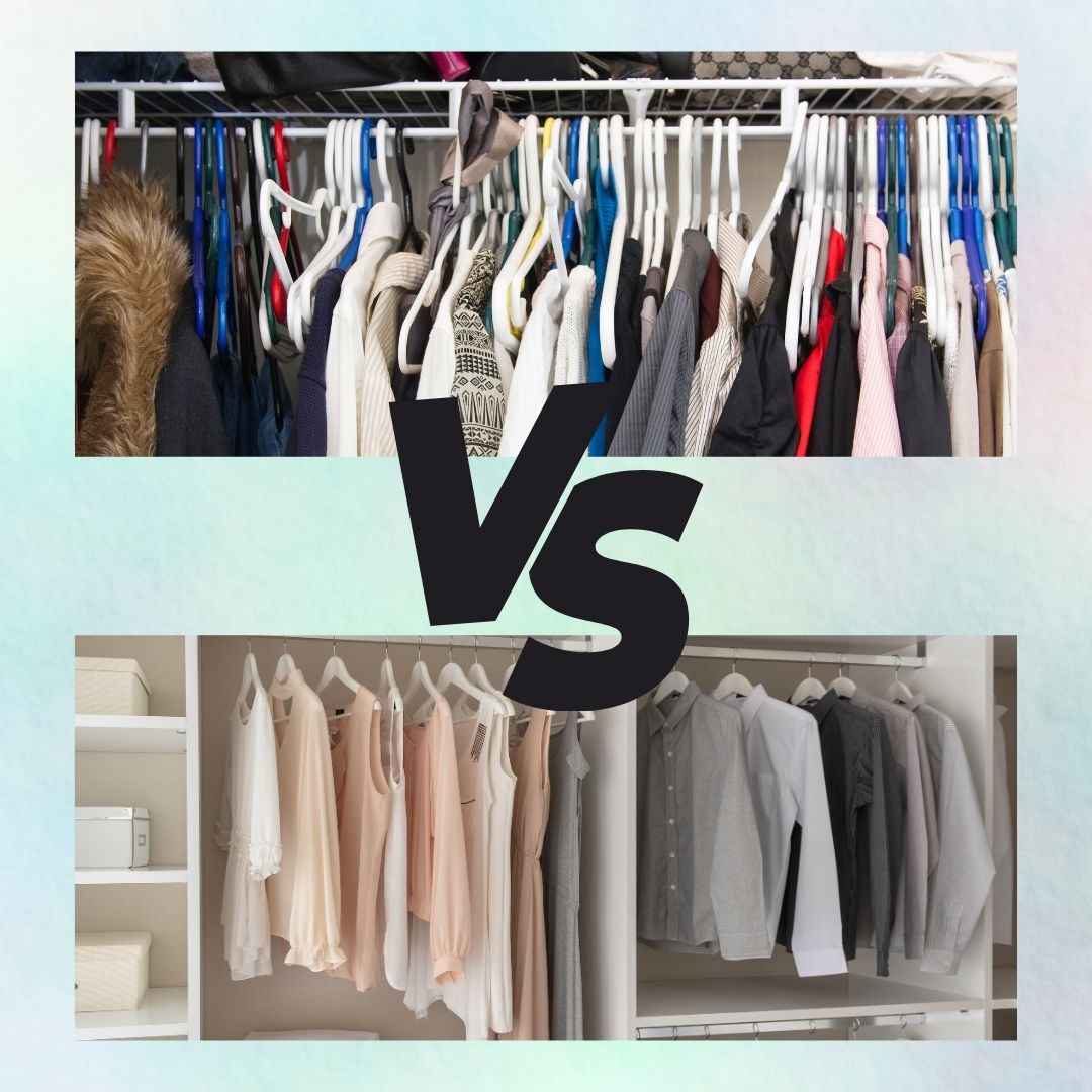 A comparison image of two closets. The top section shows a cluttered closet with clothes on various colored hangers, packed tightly together, including a fur coat and patterned sweaters. The bottom section displays an organized closet with neatly hung clothes on white hangers, sorted by color, with blouses on the left and button-up shirts on the right, and storage boxes on the shelves. The word "VS" in bold black letters separates the two sections.